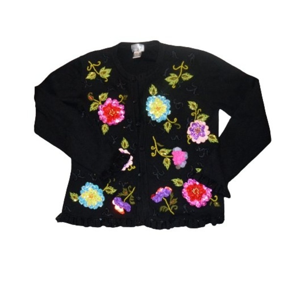 Vintage 90s Berek Embordered Floral Sequined Cardigan Sweater - Picture 1 of 9
